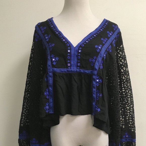 Free People lace black blue embroidered boogie top boho long sleeve M - Picture 5 of 8